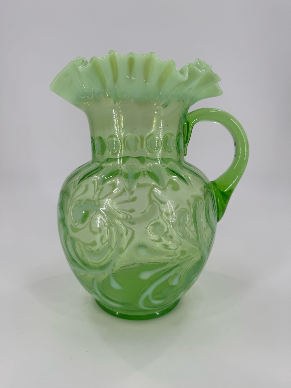 Antique Jefferson Glass Green Opalescent Water Pitcher Buttons & Braids c. 1903